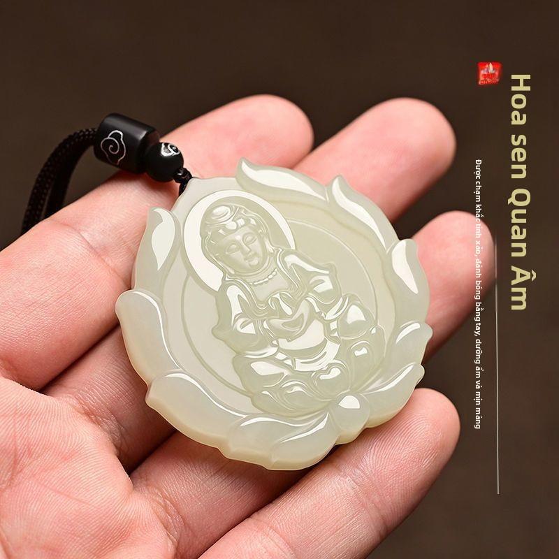  Mặt Dây Chuyền Quan Âm Màu Ngọc Bích Trắng Unisex Tăng Giàu Có Và Tài Lộc Mặt Dây Chuyền Năm Sinh Quan Âm Hòa Bình Khóa Hình Hoa Sen Có Dây Đeo Đám Mây 