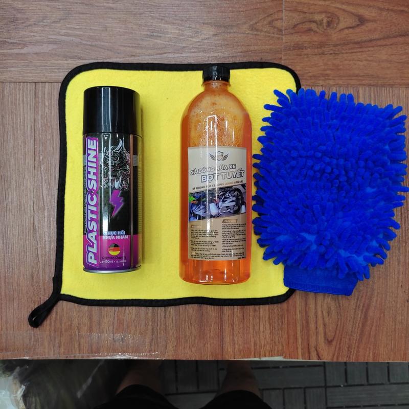 Xà bông bọt tuyết Võ Gia 1L + chai phục hồi nhựa nhám Sprayking + Bao tay rửa xe + Khăn lau xe dùng cho xe máy oto và xe diện