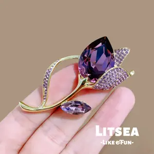 【Litsea】Bros Bunga Tulip Ungu Kristal Berkilau Elegan Model Baru Wanita Q382