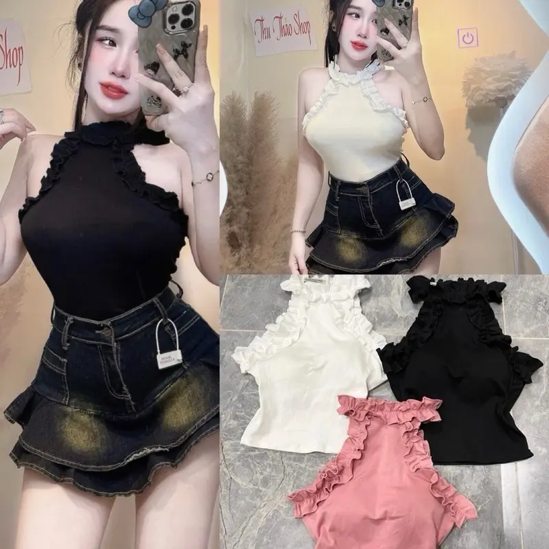 ÁO 3 LỖ YẾM PHỐI BÈO CÓ KÈM MÚT ĐỆM FOM CROPTOP Nữ 0