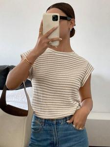 Camiseta de cuello redondo con estampado de rayas para mujer, camiseta informal ajustada para uso diario, ropa de mujer para el verano, top