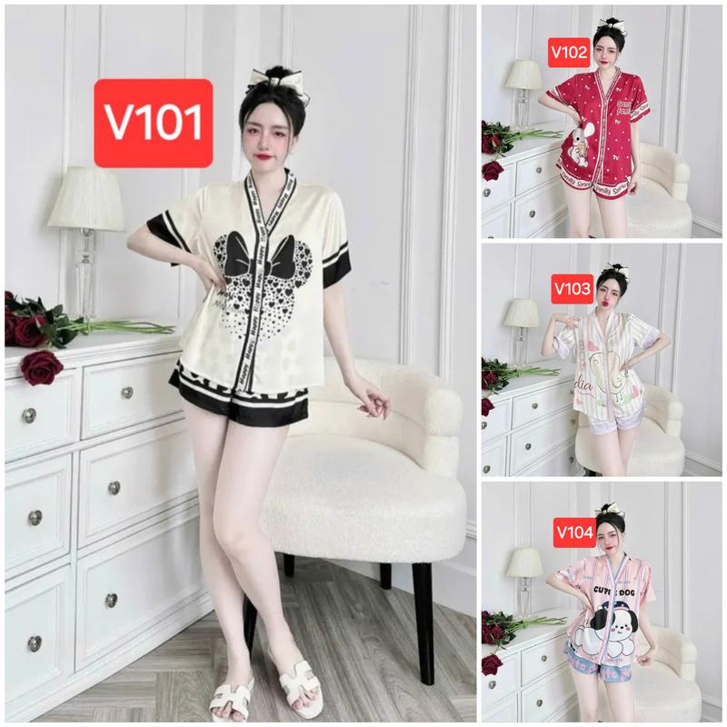 (40-72kg)Đồ bộ pijama tay cộc quần cộc cổ Y lụa xước thiết kế mới dễ thương, pijama nữ, đồ bộ pizama lụa xước mềm mịn