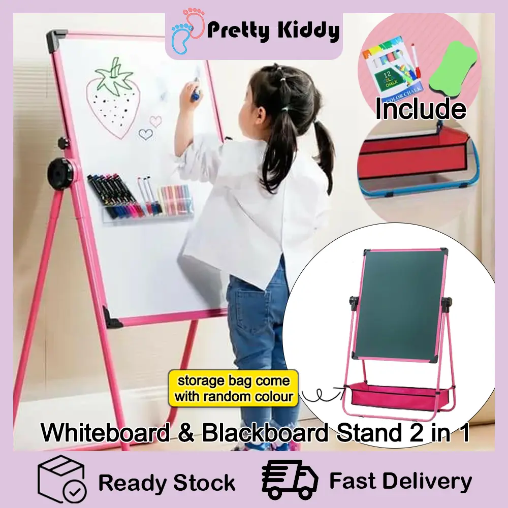 【Free 5 in 1 Stationery】 Kids Drawing Board Whiteboard & Blackboard Double Sided Stand 2 in 1 Toys - T017 Art Child Children Educational Plastic