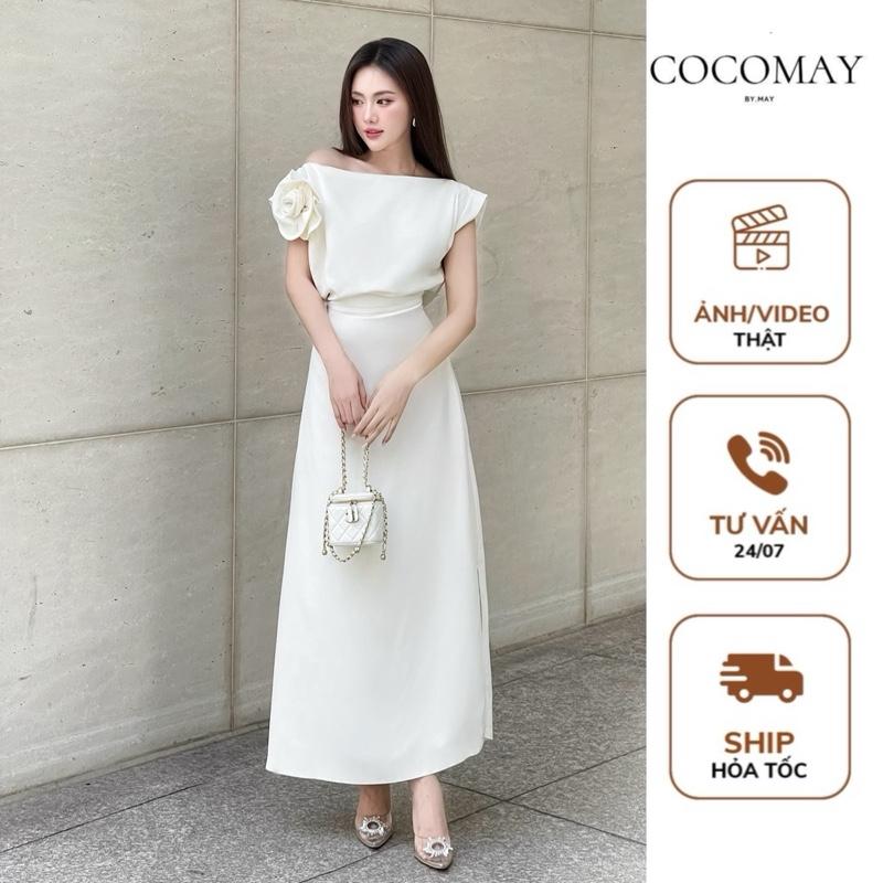 COCOMAY Đầm lệch vai hoa midi dáng dài xẻ tà màu trắng Nữ Dress Women