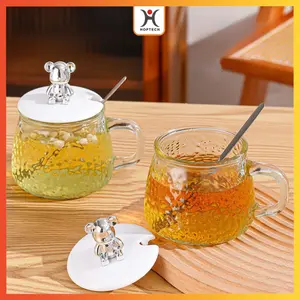 HOPTECH Gelas Kaca Glass Mug Aesthetic 450ml dengan Tutup Beruang & Sedotan Motif Animal Cangkir Lucu untuk Kopi Teh Minuman Panas Dingin 450ml
