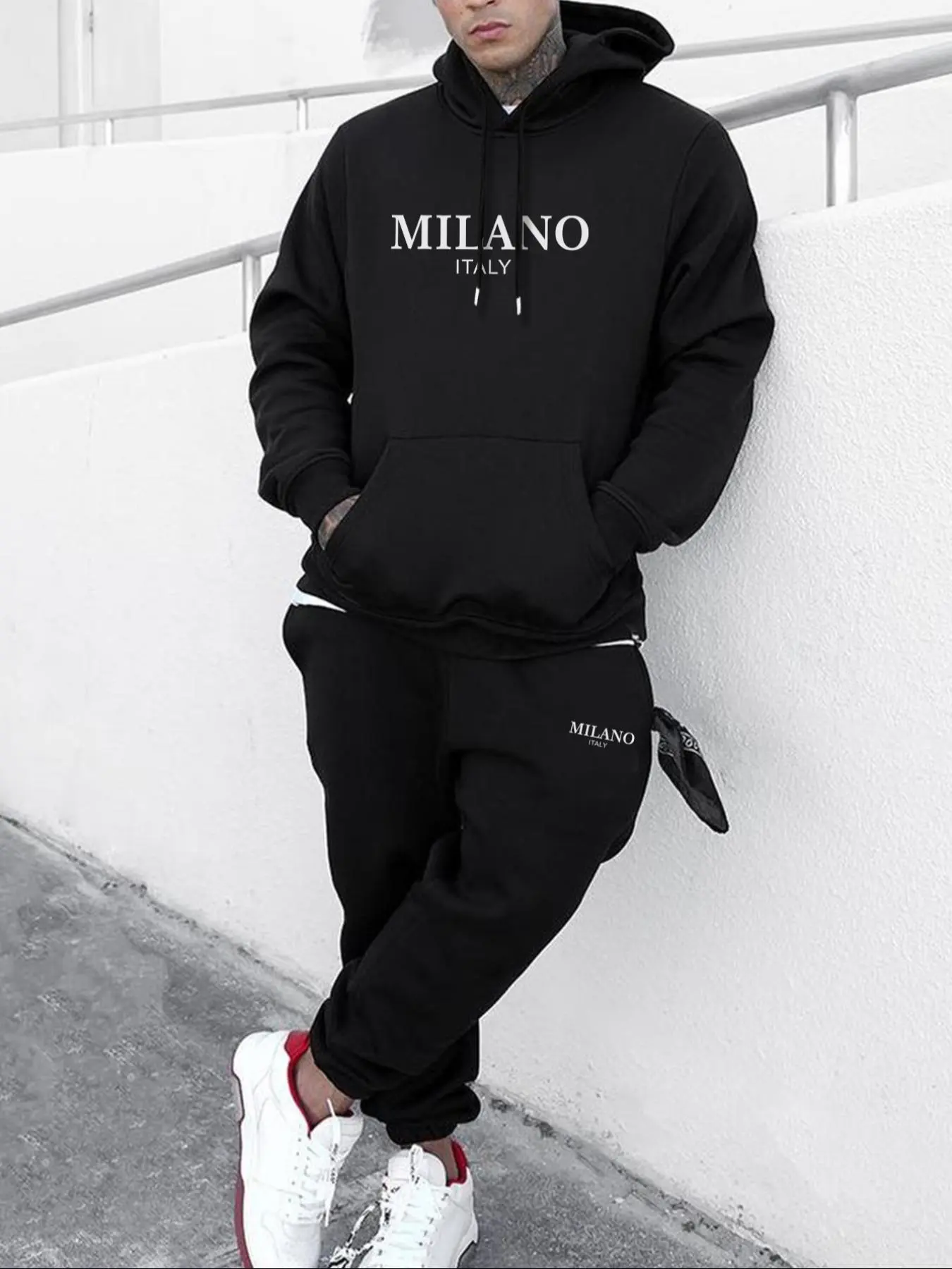 Men's MILANO Letter Print Hoodie & Drawstring Waist Sweatpants Two-Piece Set, Casual Regular Fit Long Sleeve Kangaroo Pocket Hooded Sweatshirt & Pocket Jogger Pants for Fall & Winter, Men's Two-Piece Outfits for Daily Wear