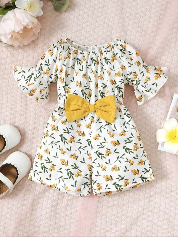 Jumpsuits Bayi Perempuan, Cetakan Bunga, Lengan Pagoda, Baju Badan, Sehelai, Overall Ikatan bentuk rama-rama, Kuning, Stok Sedia, MX21283