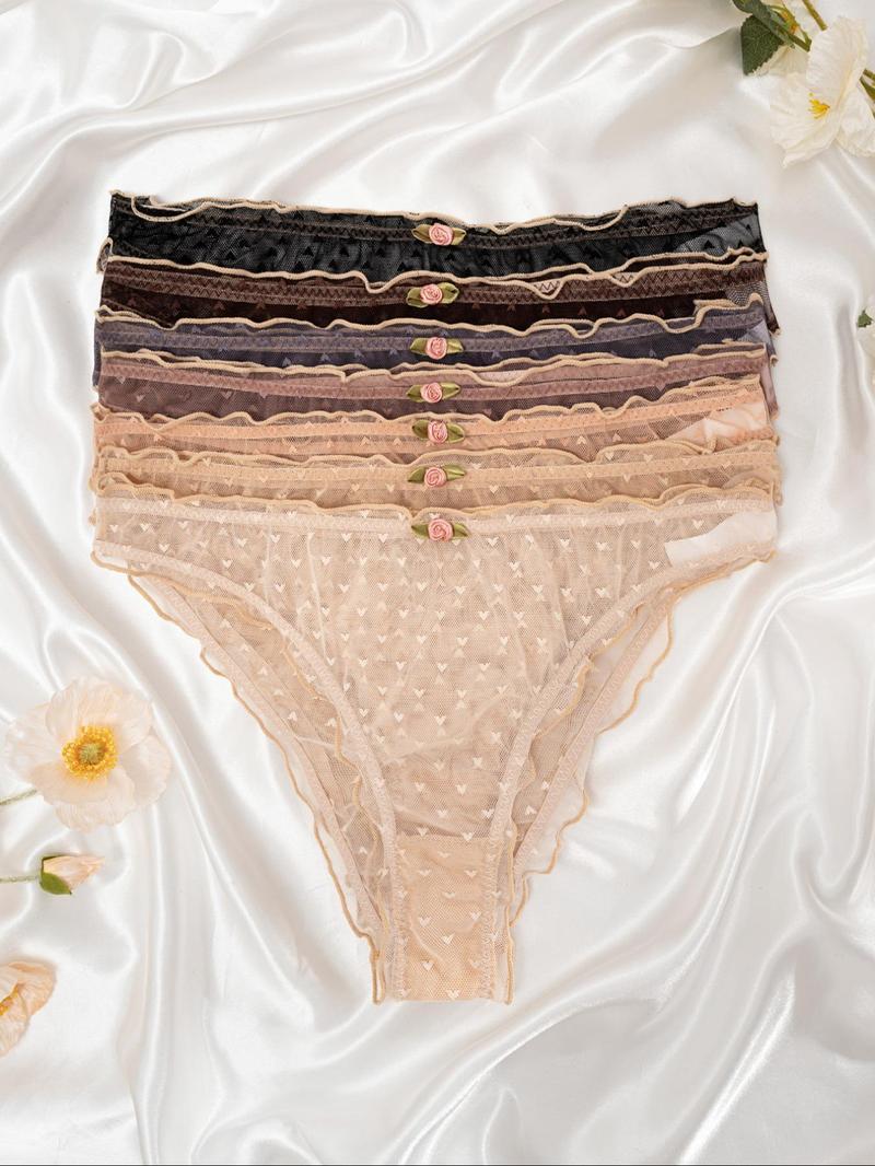 Product Introduction of Women's Heart Print Lettuce Trim Sheer Panty, Elegant Soft Comfy Breathable  Thong Knicker for Daily Wear, Underwear for All Seasons 14