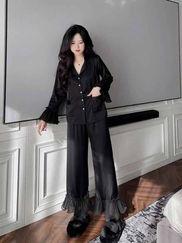N80- Pijama dài tay lụa gấm tiểu thư hoạ tiết đơn giản phối tay loe- Bộ ngủ mặc nhà cao cấp hàng quảng châu cho nữ