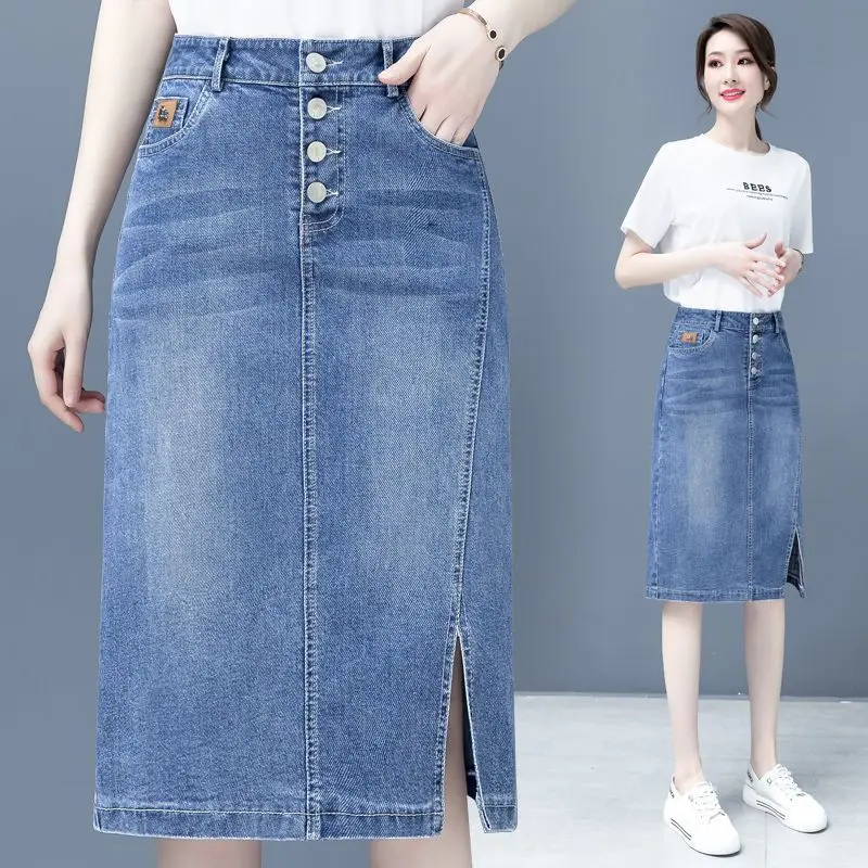 Chân Váy Denim, Dành Cho Phụ Nữ, Cạp Cao, Mỏng Vừa Vặn, Xẻ Bên, Thời Trang, Thích Hợp Cho Mùa Xuân Và Mùa Thu, Hàng Mới Về Năm 2024, Phong Cách Mùa Hè