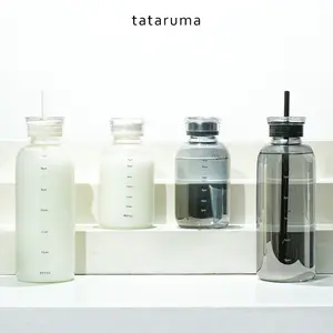 KAGAMI - Botol Minum Kaca Tutup Ganda Sedotan dengan Skala Waktu Anti Bocor