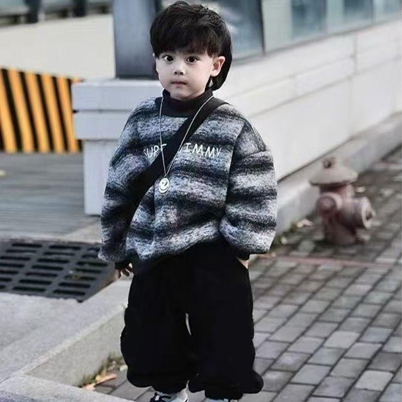 Bộ Đồ Lót Lông Cừu Mùa Đông, Cho Trẻ Em Mẫu Giáo, Ngầu Và Hoang Dã, Áo Hoodie Bé Trai, Quần Ống Côn Dáng Rộng Đi Chơi Bộ Đồ Hai Mảnh, Thời Trang 4