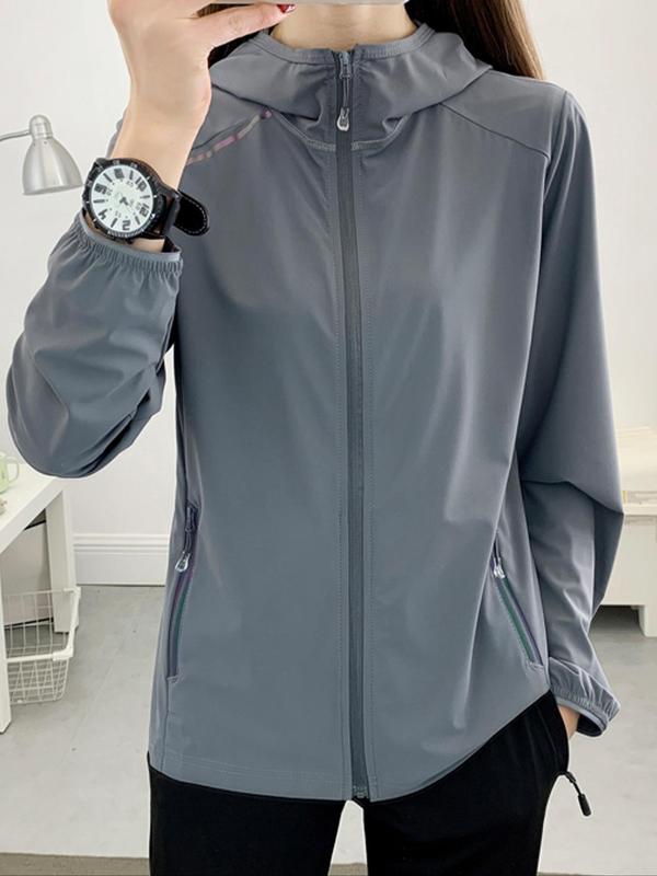 Women's Solid Color Ice Silk Zip Pocket Hooded Jacket, Casual Long Sleeve Sun Protection Jacket for Outdoor Activities, Ladies Sportswear for Spring & Fall 4