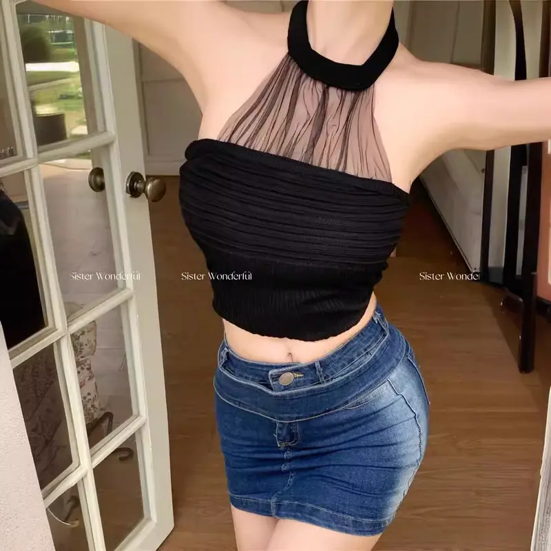 Áo Yếm Cổ Yếm, Khâu Lưới Quý Cô, Áo Mùa Hè Cho Nữ, Áo Sơ Mi Gợi Cảm, Áo Ngắn, Áo Sơ Mi Thời Trang Mới 4