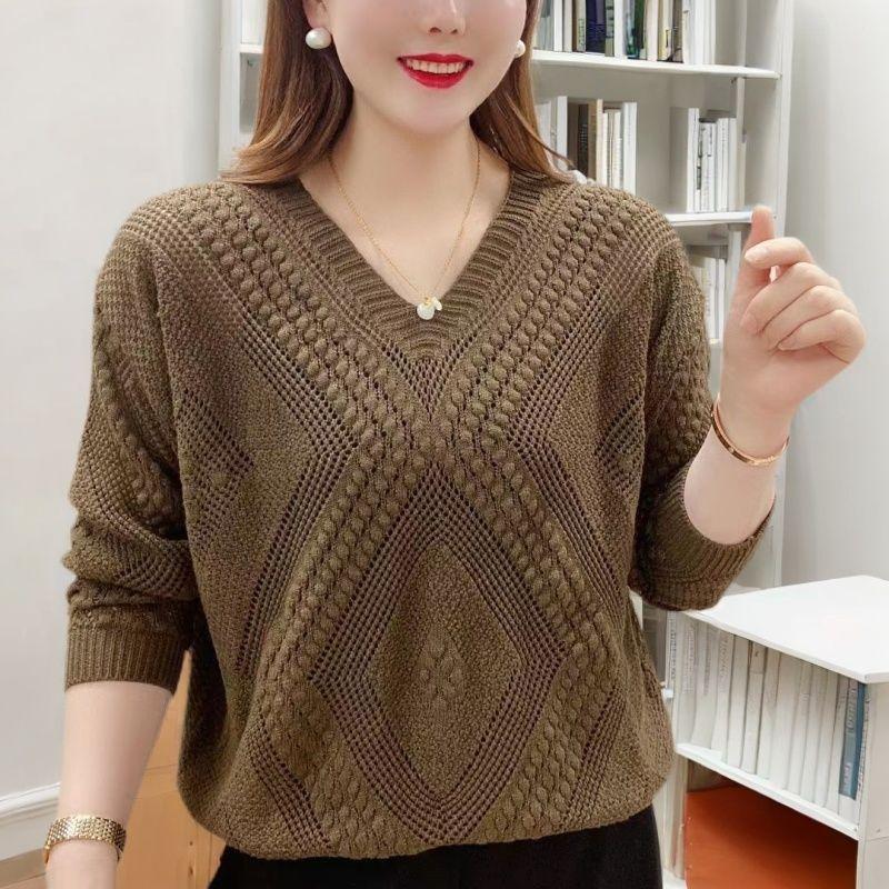 Product Introduction of Áo dệt kim mỏng hợp thời trang khoét rỗng cổ chữ V đầu thu cho cô gái béo cỡ lớn 150,00kg, áo chống nắng Top 7