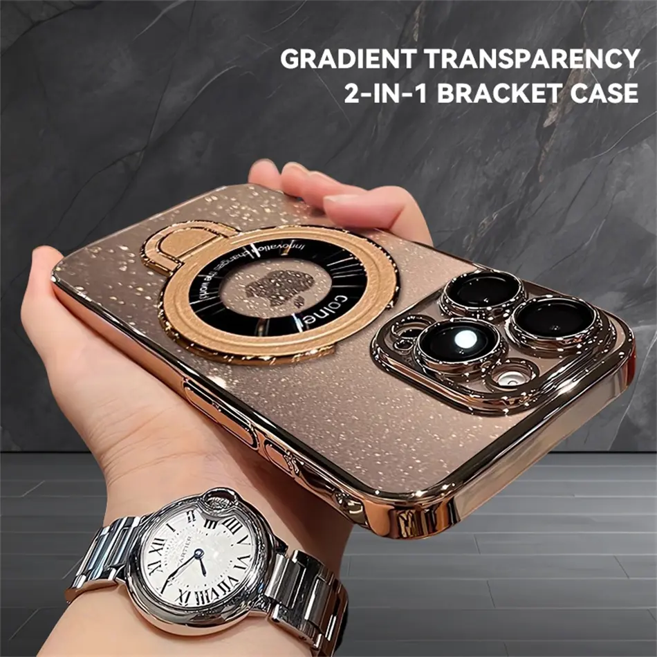 Glitter for Magsafe Bracket Hard Case for iPhone 16 15 14 Pro Max Plus 12 13 Holder Stand Plating Transparent PC Slim Cover