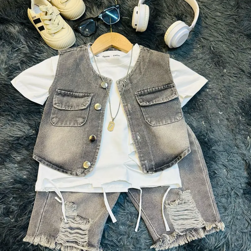 Bộ quần áo  BA LỖ JEAN MỀM cổ tròn màu xám bạc cho bé từ 8-30kg 5