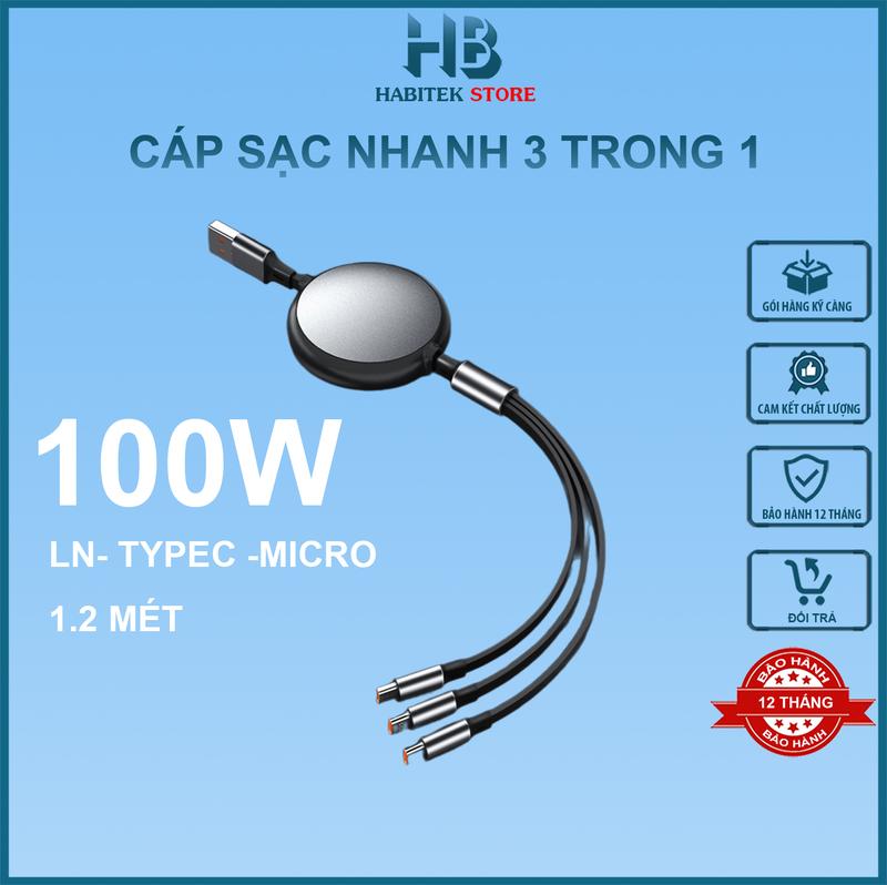 Cáp Sạc Habitek 3-in-1 (USB to M + L + C) Hỗ Trợ Sạc Nhanh 100W, Dây Rút Thế Hệ Mới 1.2m Sạc Điện Thoại Phone Phụ Kiện