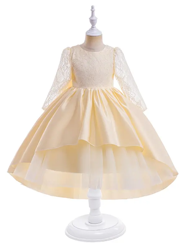 Girl's Contrast Lace Bow Decor Tiered Layer High Low Hem Satin Dress, Elegant Puff Sleeve Round Neck Midi Dress for Party Wedding Guest, Kids Clothes for All Seasons 4