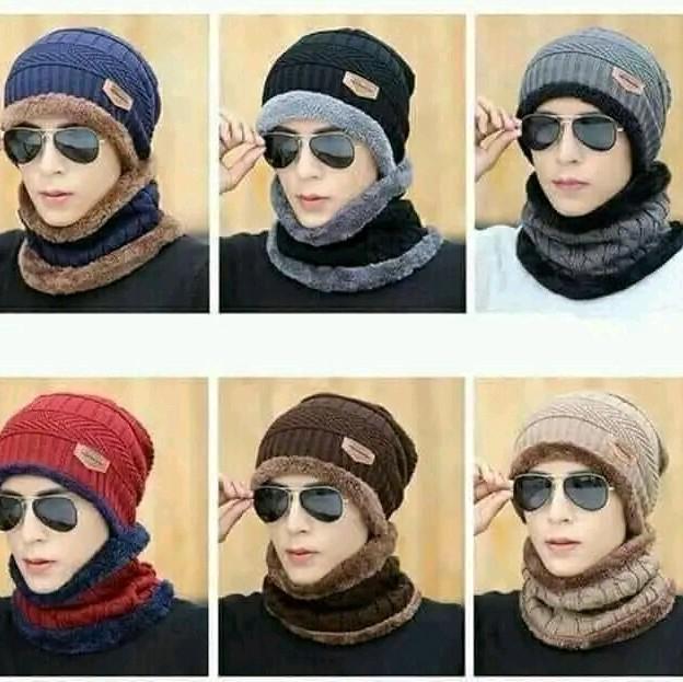 Mũ len nam nữ kèm khăn quàng cổ lót lông bộ