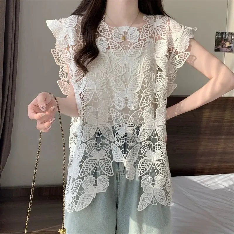 Butterfly Embroidery Crochet Lace Tank Tops Irregular Cut Out Hem Hollow Out Fashion Ladies Vests Womenswear Tube