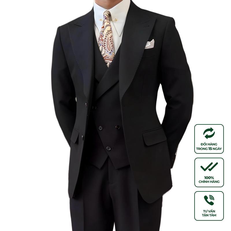 Suit Jacket Nam Cao Cấp Milano Đen (Jacket + Waistcoat + Trousers) - Ve Nhọn- Áo Vest Công Sở, Đám Cưới, Đi Tiệc Thiết Kế Sang Trọng, Vải Mềm Mại Thoáng Mát, Đứng Form Slimfit, Co Giãn Chống Nhăn, Phong Cách Form - Hàng Cao Cấp