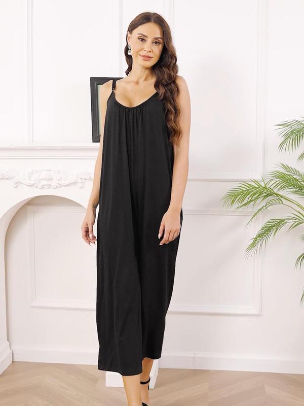 Women's Summer Adjustable Strap Sleeveless Wide Leg Jumpsuit with Pockets, Casual Solid Loose Cami Jumpsuit, Summer Outfits 2024, Jumpsuit for Women, Underwear & Womenswear, Overalls Clothes, Dungarees 2