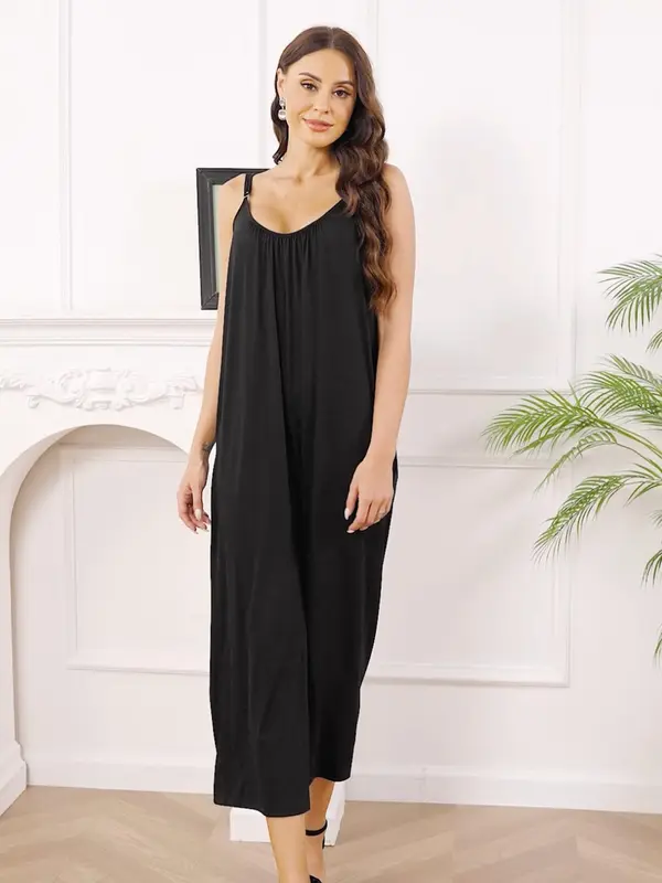 Women's Summer Adjustable Strap Sleeveless Wide Leg Jumpsuit with Pockets, Casual Solid Loose Cami Jumpsuit, Summer Outfits 2024, Jumpsuit for Women, Underwear & Womenswear, Overalls Clothes, Dungarees 1