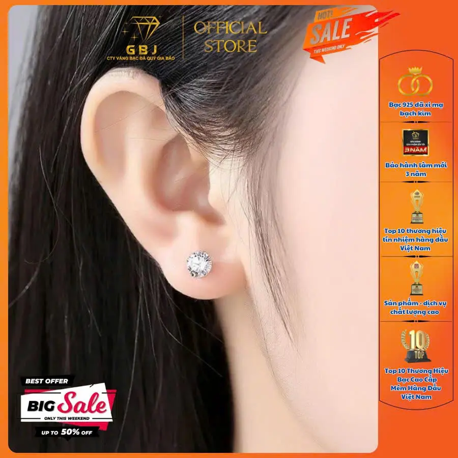 Hoa Tai Bạc 4 Chấu (chốt đẩy-chốt vặn) XI KIM V.ỏ X.o.à.n 5Li4 Viên Chủ Moissanite Thanh Lịch Sang Trọng GBJ703