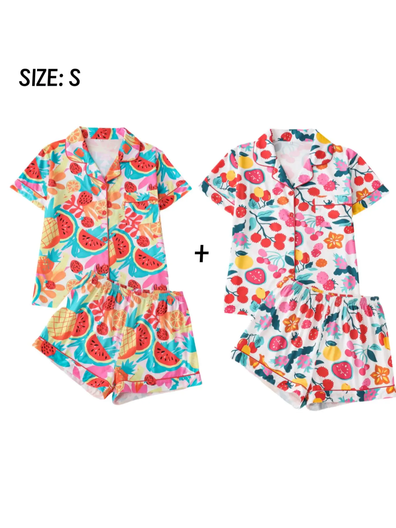 2 Sets Women's All Over Fruit Print Lapel Neck Pocket Shirt & Elastic Waist Shorts Pyjama Two-piece Set, Casual Comfy Short Sleeve Button Up Top & Shorts Pj Set, Ladies Sleepwear for All Seasons