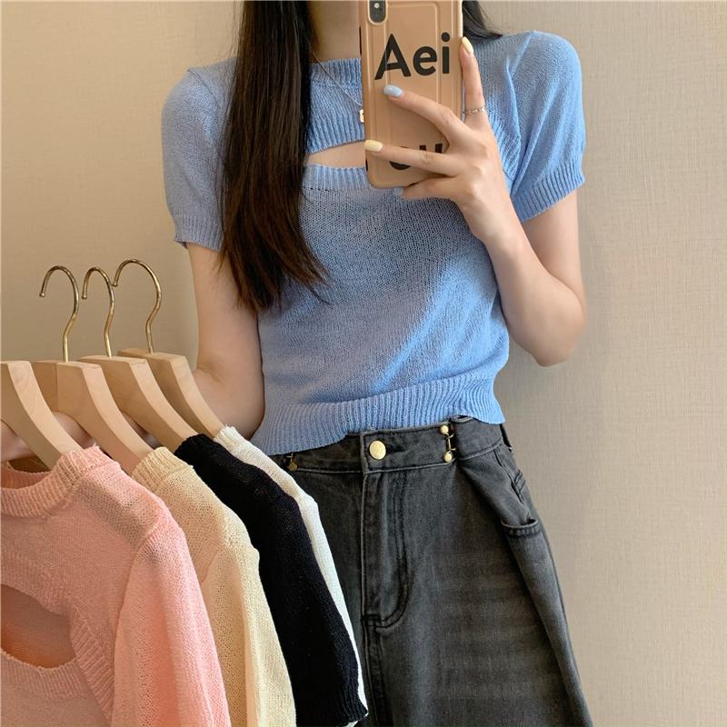 Product Introduction of Áo Len Dệt Kim Giả Hai Lớp, Thiết Kế Độc Đáo Sang Trọng Khoét Lỗ Áo Phông Ngắn Tay, Áo Ngắn Cô Gái Nóng Bỏng Mùa Hè, Phong Cách Instagram, Dành Cho Nữ, Bán Chạy Top Women Top Women 2