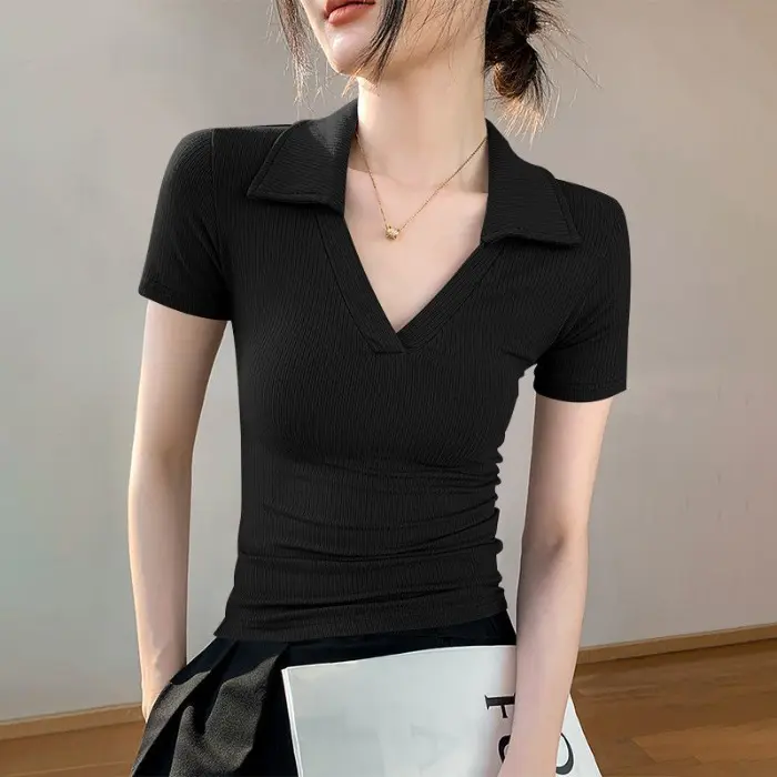 F#023 Women's Summer Polo-Collar T-Shirt - Fashionable with Ribbed Turn-Down Collar