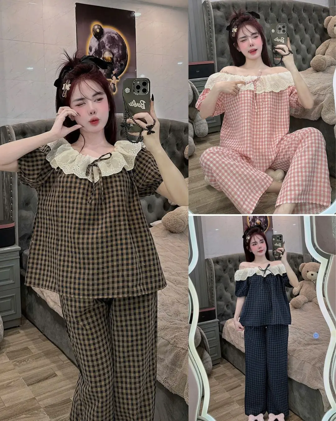 SÉT BỘ KẺ NGẮN TAY CỔ PHỐI REN XINH KÈM QUẦN SUÔNG ỐNG RỘNG. BỘ NGỦ KẺ CARO 3 MÀU SIÊU ĐẸP