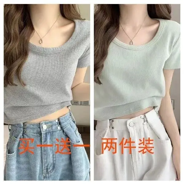 Áo Phông Bé Gái, Bộ Hai Mảnh, Chất Liệu Lụa Lạnh ngắn Tay, Thích Hợp Cho Mùa Hè, Cạp Cao, Dáng Ôm, Mặc Trong, Bó Sát, Áo Vai, Bán Chạy 6