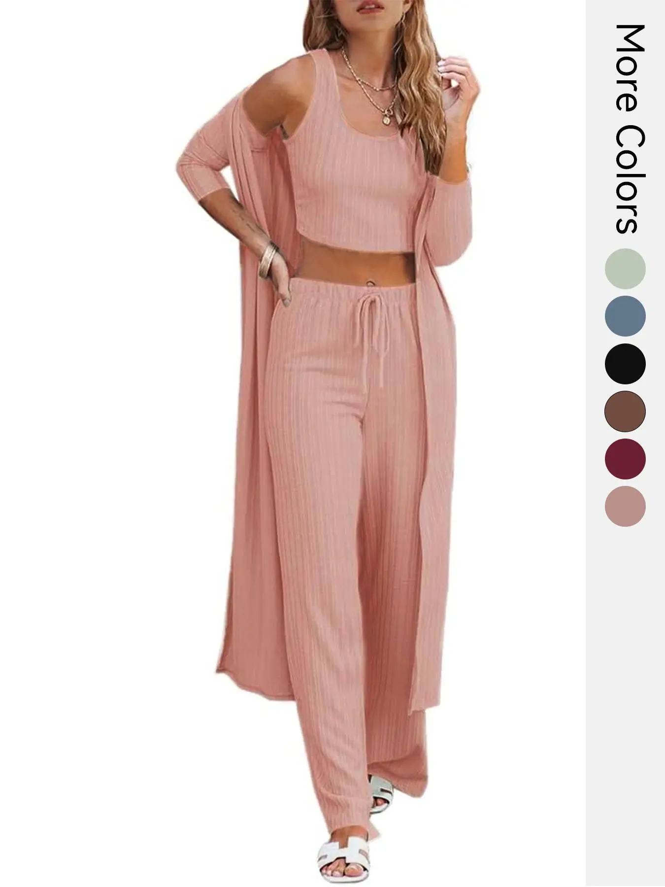 Three-Piece Set Women's Solid Ribbed Crop Tank Top & Drawstring Waist Pants & Open Front Long Sleeve Longline Outwear Set, Casual Comfy Pyjama Set for Women, Women's Sleepwear for Spring & Fall Valentine's Day, gift