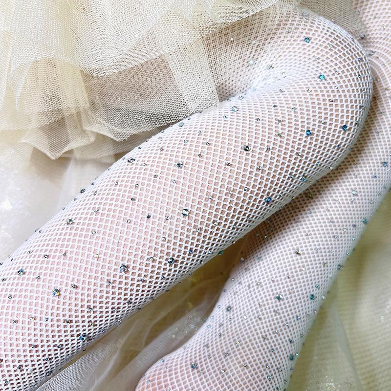 Product Introduction of 1pair Kids Girl Tight Fashion Fishnet Stockings Hollow Lace Rhinestone Glitter Pantyhose for Children Girl Summer Mesh Baby Sock 19