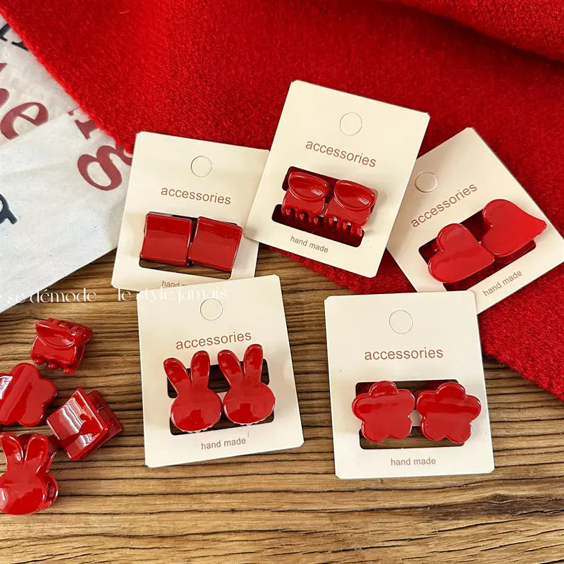 New Year Red Festival Mini Small Hairclip Vintage Red Side Clip Cute Girl Heart Bang Clip Princess Head Clip Headdress