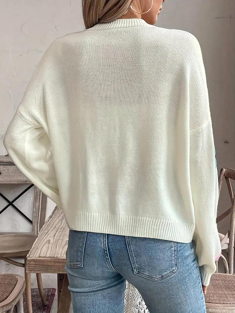 Product Introduction of Women's Colorblock Bow Pattern V Neck Sweater Cardigan, Casual Long Sleeve Cardigan for Spring, Fashion Women's Knitwear for Daily Wear Valentine's Day, gift 2