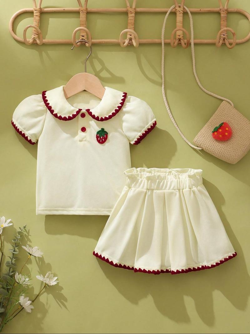 Product Introduction of Baby Girl's Strawberry Embroidery Patched Collar Top & Frill Trim Plicated Skirt Set, Cute Short Sleeve Buttons Blouse & Elastic Waist Skirt, Newborn Infant Kids Summer Clothes 1