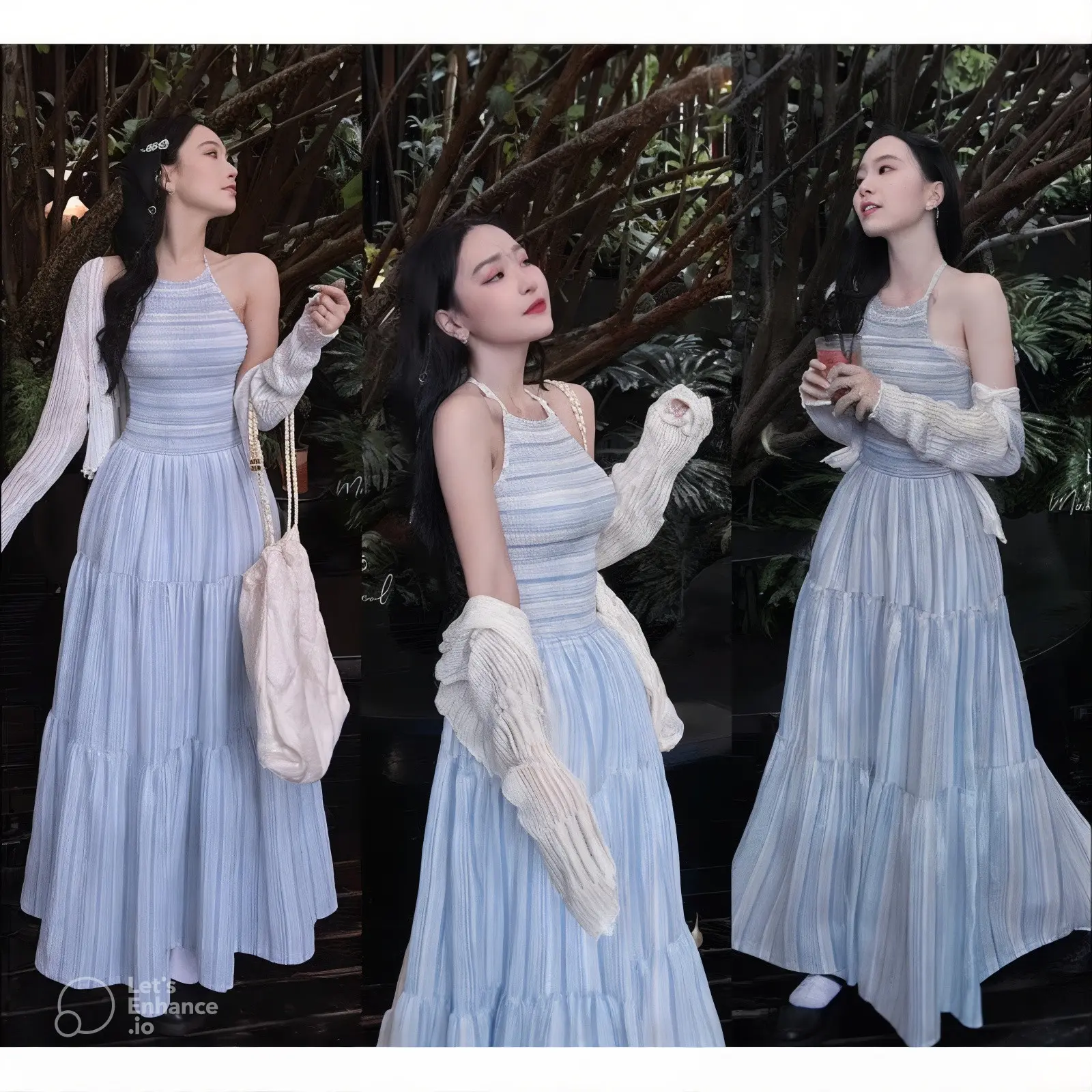 Váy đầm maxi cổ yếm dáng dài kèm áo khoác ngoài đi biển Nữ Dress Women Hồng