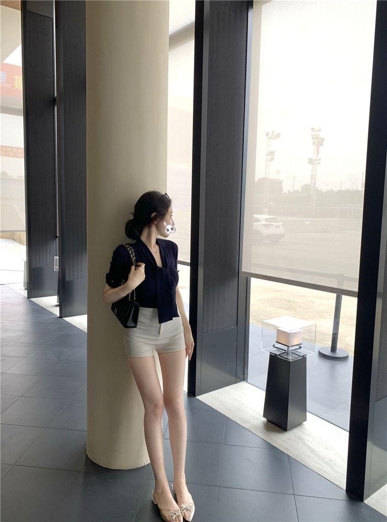 Product Introduction of CQ-Korean Style Ribbon  Short-Sleeved Knitted T-shirt Women's Summer Waist Elegant Slightly Mature Style Chic Blue Top SS24 [1470] 8