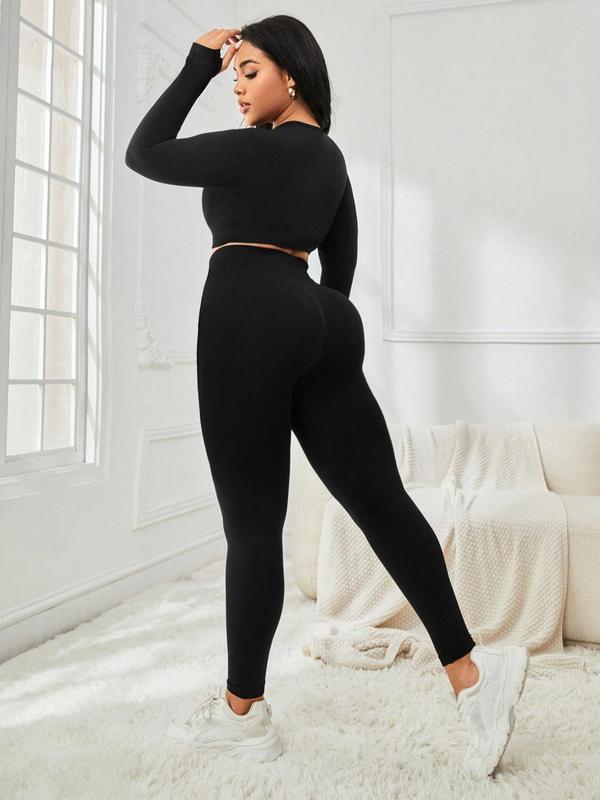 【Plus Size】 2pcs Solid Round Neck Crop Top & High Waist Leggings Tracksuit Set, Quick Drying Long Sleeve Crew Neck Top & Skinny Pants Two-piece Set, Women's Sportswear for Spring & Fall 1
