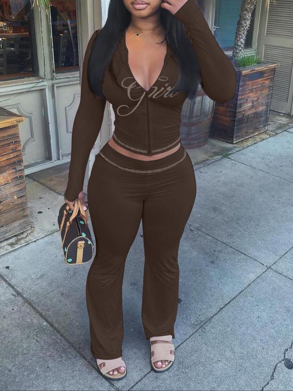 Women's Letter Print Zip Up Cropped Long Sleeve Jacket & Elastic Waist Flare Leg Pants Two-piece Set, Casual Fashion Cozy Two Piece Outfits for Daily Outdoor Wear, Women Clothes for Fall & Winter 6