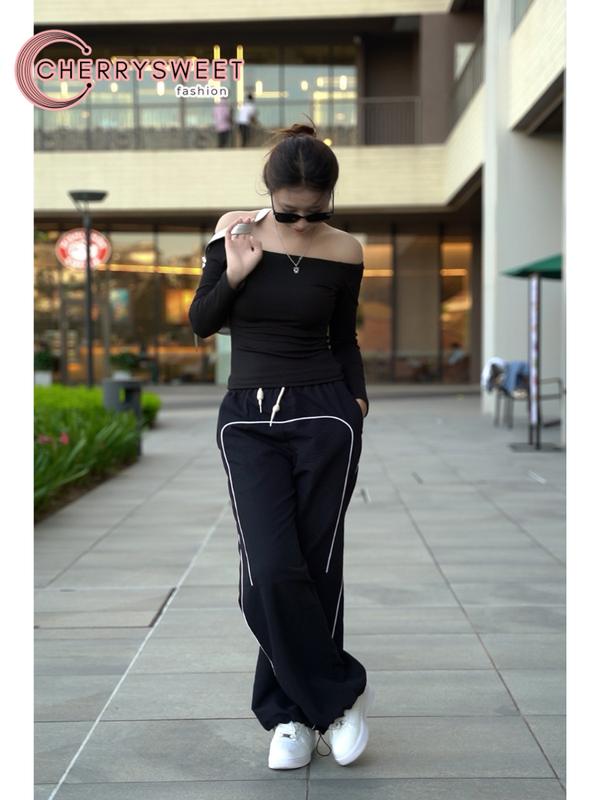 Quần gió nữ Cherrrysweet thể thao vải dù chất lượng cao có dây rút viền phối màu đẹp T131 Women Pants Sport 7