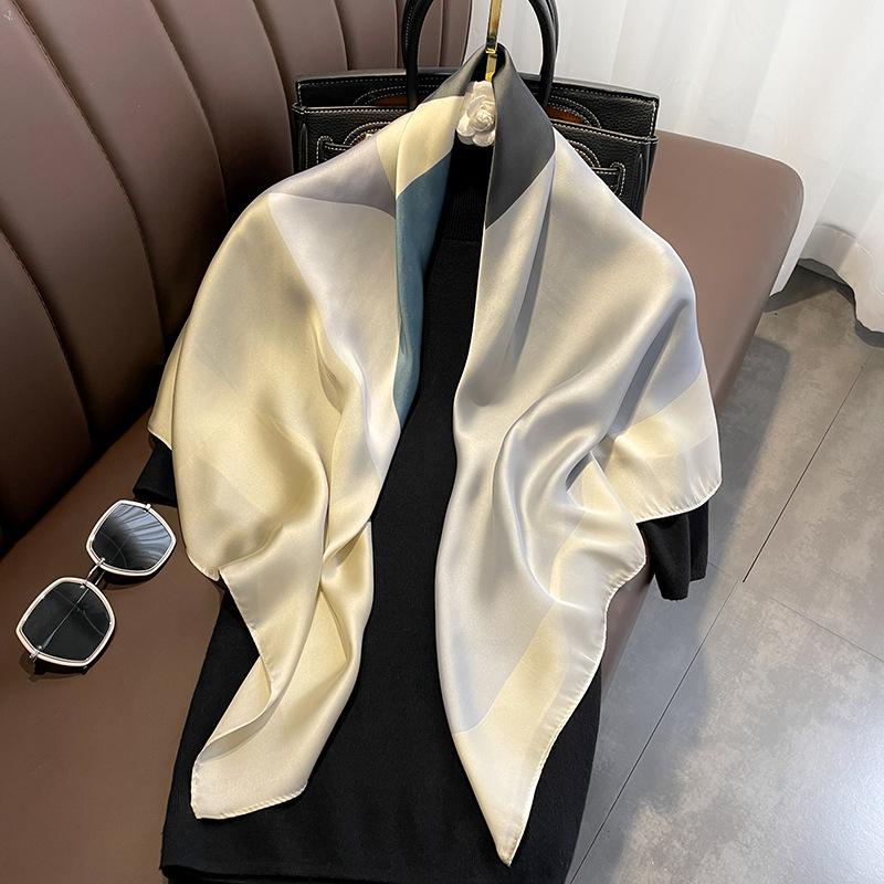 Khăn Quàng Lụa Giả 90cm, Thời Trang, Giá Cả Phải Chăng, Sang Trọng, Sọc Đơn Giản Hàn Quốc Và Nhật Bản, Khăn Quàng Cổ Vuông Lớn, Phong Cách Ins, Đa Năng, Khăn Choàng Cho Nữ 9