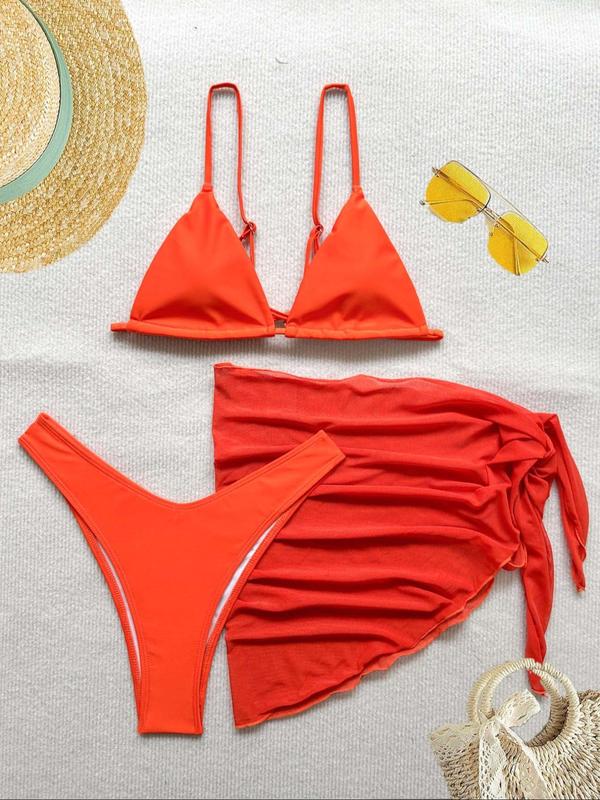 Three-Piece Set Women's Ditsy Floral Print Bow Decor Swimsuit Set, Summer Clothes Women, Adjustable Strap Triangle Bikini Bra & High Cut Bikini Panty & Asymmetrical Cover Up Skirt Set, Women's Swimwear 6