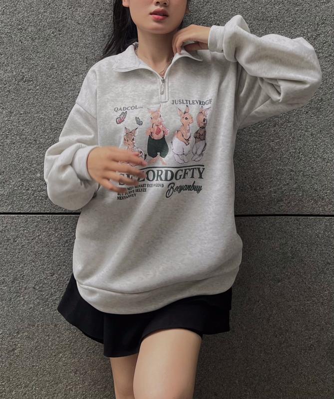 Áo nỉ xám 4 chú thỏ Quadcol peonyb unisex - Hoodie cổ zip polo dài tay phồng kiểu dáng oversize form rộng phong cách đường phố hàn quốc đẹp