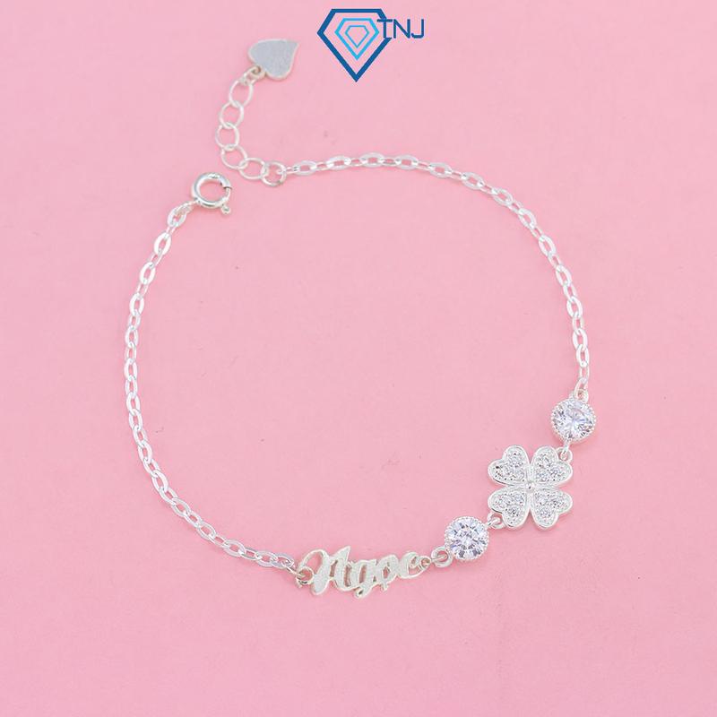 Lắc tay bạc nữ đính đá cao cấp hình cỏ 4 lá may mắn khắc tên theo yêu cầu LTN0328