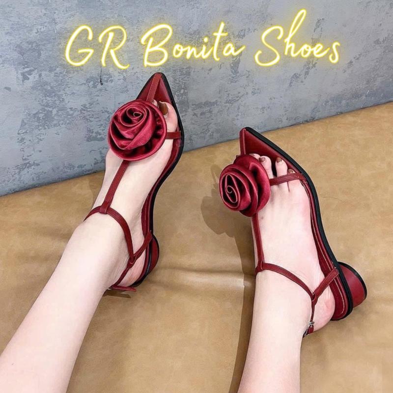  N1  Sandal kẹp T hoa Hồng lụa gót tròn cao 5 phân - G111 