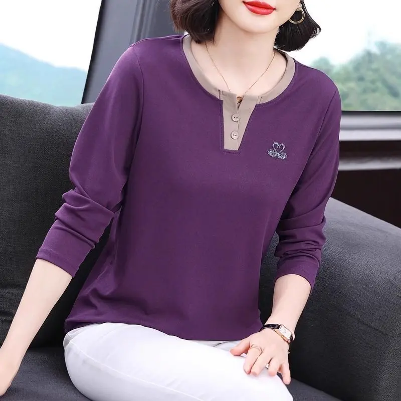Áo Thun Dài Tay Cho Mẹ TRUNG NIÊN Cổ Chữ V, Dát Kim Cương Thiên Nga, Mùa Xuân Và Mùa Thu, Ngoại Cỡ, Áo Sơ Mi Bụng Giấu, Hàng Mới Về Cho Nữ Top Women Shirt